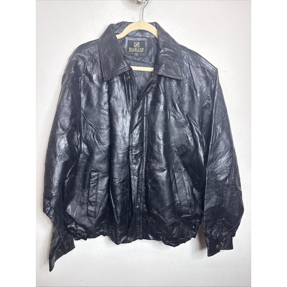 (C1) Haband Vintage 80s Patchwork Leather Jacket Black Bomber Zip. Size XX.